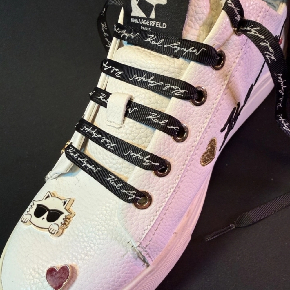 Karl Lagerfeld White Sneakers with Black Laces and Red Accents - Picture 3 of 6